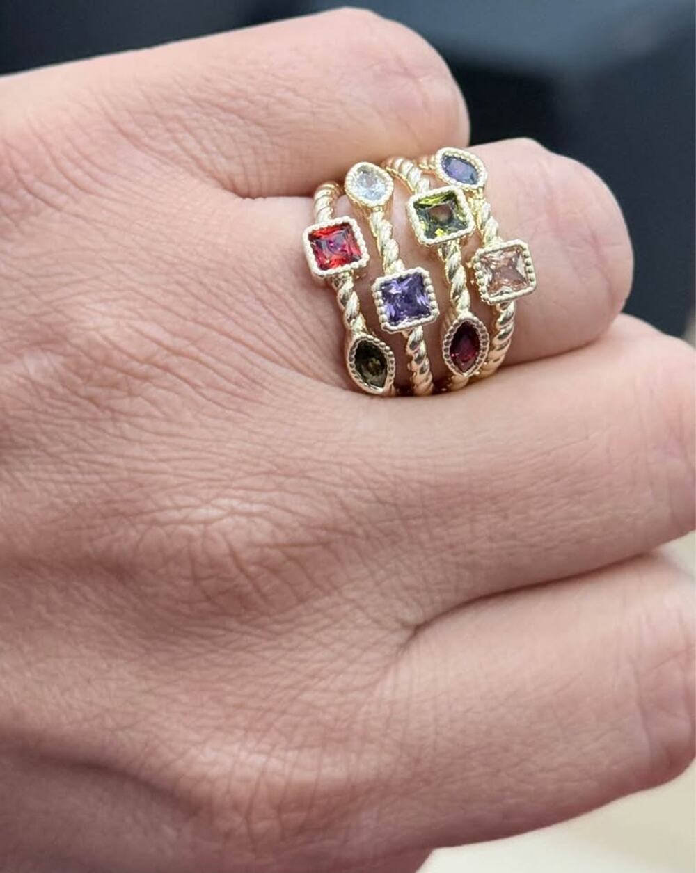 Gold Plated 4 Row Cable Ring Multi-Color CZ Square & Marquise Statement Ring
